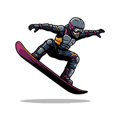 Extreme Snowboarding Stunt with Futuristic Safety Gear and Helmet