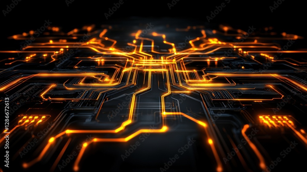 Aufkleber circuit board with glowing orange lights on an abstract technology background in a studio setting