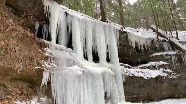 Hocking Hills State Park Ohio Old Man's Cave frozen waterfall cold weather winter landscape freezing ice. Tilt down shot no people