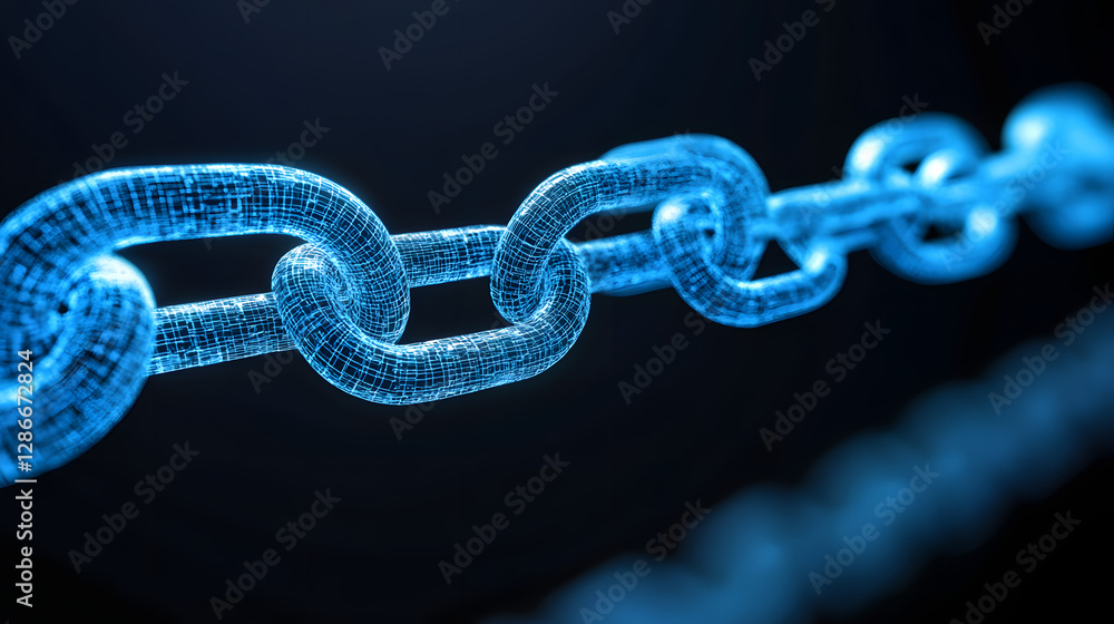 Poster Conceptual image of a chain emitting blue light with abstract patterns and textures in the background