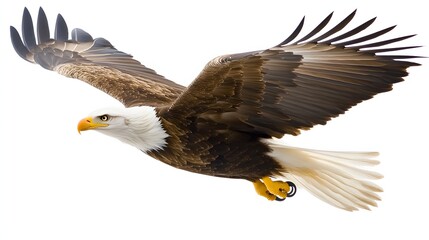 Fototapeta premium Bald Eagle Soaring Through a Clear Blue Sky with Outstretched Wings and Vibrant Feathers
