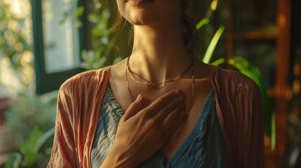 Closeup of a woman holding her chest while breathing for calm, peace and zen mindset for meditation, Breathe, relax and zoom of a female person hands on her heart for grateful gesture in living room