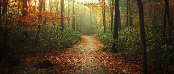 Obraz premium An enchanting forest path covered in autumn leaves, with warm sunlight filtering through the vibrant canopy.