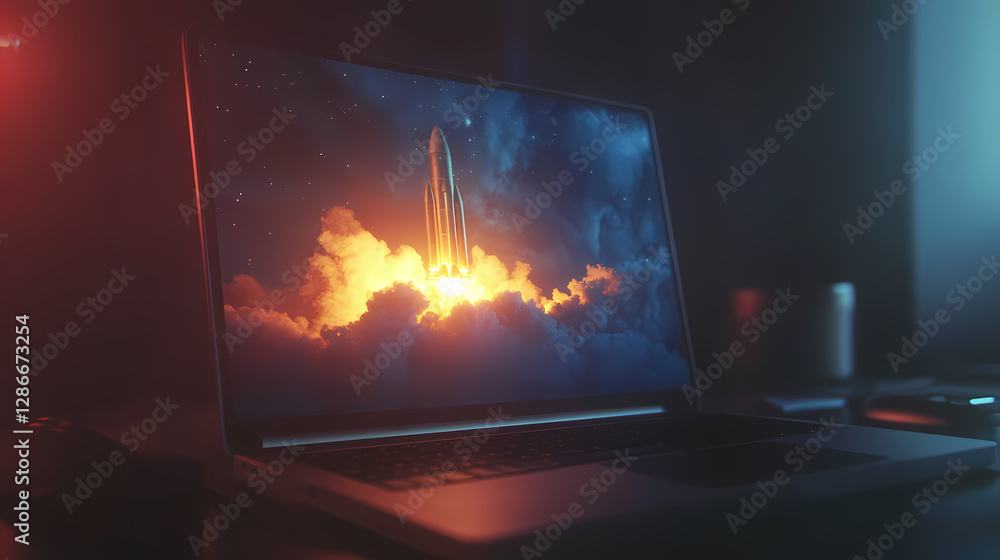Poster ignition on the screen: a laptop screen displays a fiery rocket launch, filling the space with the s