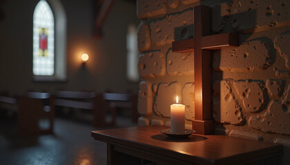  Lit candle and wooden cross in a dimly lit church.

