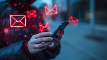 SMS spam, fake text message phishing from scammer concept, System hacked red warning alert, email hack, scam malware spreading virus on message alert virtual on mobile phone screen in person hand