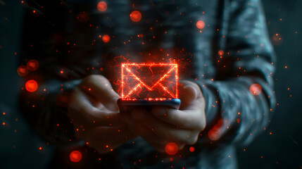 SMS spam, fake text message phishing from scammer concept, System hacked red warning alert, email hack, scam malware spreading virus on message alert virtual on mobile phone screen in person hand