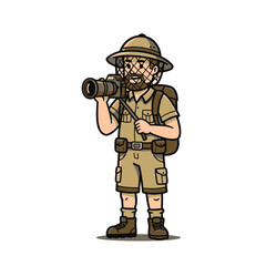 Cartoon Explorer With Camera and Gear in Safari Outfit