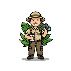 Cartoon Explorer With Binoculars and Notebook Outdoors in Jungle Setting