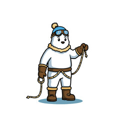 Cute Polar Bear Character Dressed as a Winter Climber Holding a Rope