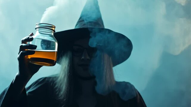 Mysterious witch holding a glowing potion in a smoky atmosphere, evoking a magical ambiance