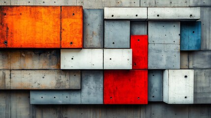 Abstract geometric concrete panels boldly arranged vibrant red orange gray white hues. AI Generated