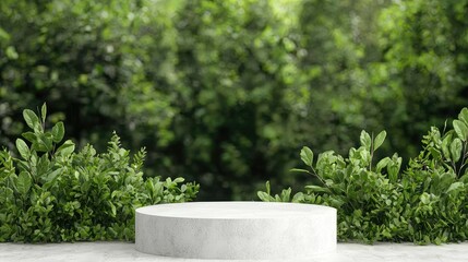 White stone podium, green foliage backdrop, nature scene, product display