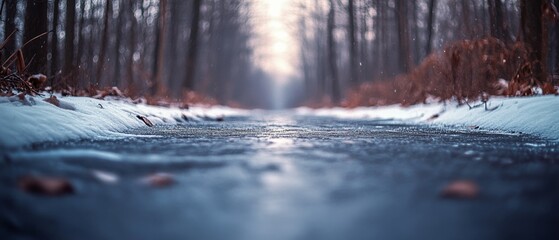 A serene icy path flanked by withered foliage, stretching into a foggy distance, embodies calm solitude and the chill of winter's embrace.