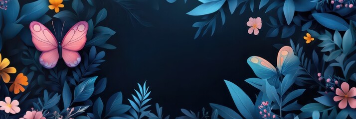 Obraz premium Vibrant nature themed template for mothers day birthday or valentine celebration. Horizontal banner. Copy space. Holiday template with flowers, dark blue background