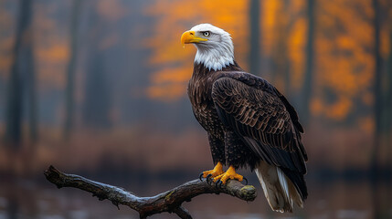 A bald eagle sits perched on a branch in autumn scene