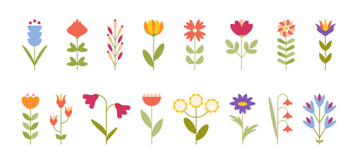 Spring colorful flowers set in flat style. Abstract floral geometric element for summer banner poster card. Minimalist icons blossom collection.