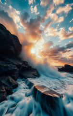 Fototapeta premium Dramatic ocean waves crashing against rocky shore as the golden sunset illuminates the water spray