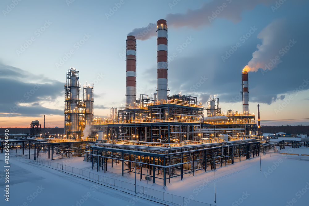 Poster industrial complex at dawn: a sprawling industrial complex, illuminated by artificial lights against