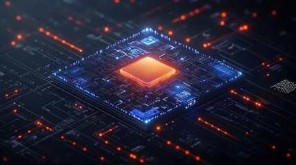 Computer chip with glowing orange light and padlock icon in digital data streams background