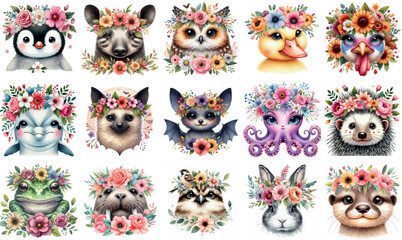 A set of Bulk Animal Floral Crown Graphic Art, Playful Floral Crown Illustrations Featuring Adorable Animals