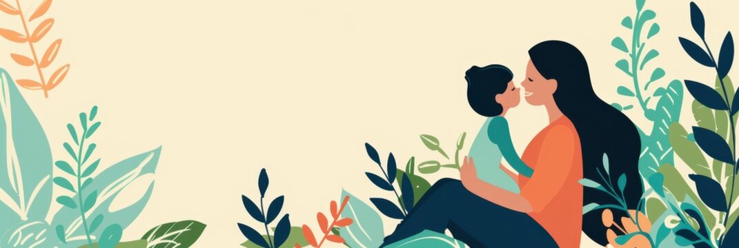 Celebrating world maternal mental health day with mother and child in nature theme. Horizontal banner. Copy space. Postpartum depression concept. Postnatal care services, women's wellness