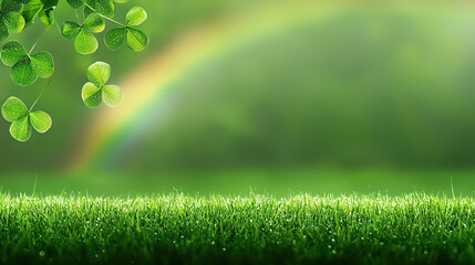 Naklejka premium St.Patrick's Day celebrates with green parades shamrocks and leprechauns. Lush Green Grass with Clover Leaves and Soft Rainbow Background