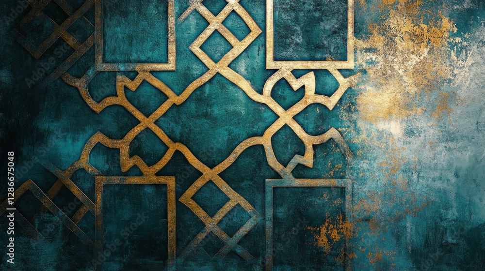 Poster abstract teal and gold pattern with intricate geometric design