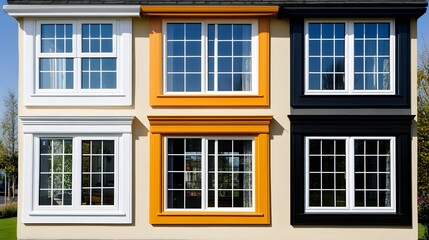 Fototapeta premium Colorful Modern House Facade Featuring Four Distinct Windows in Bright Contrasting Colors