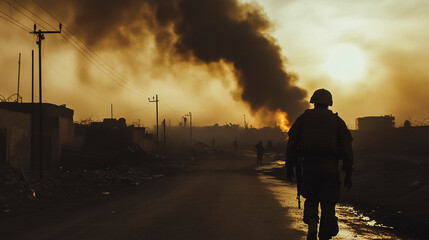 War Torn Streets, U.S. Troops in Fallujah Amidst Smoke and Destruction, Circa 2004