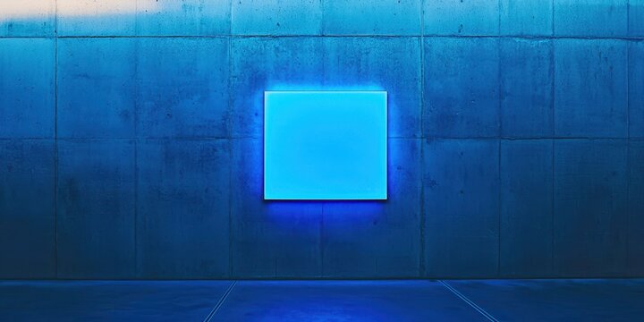 Blue wall with a blue framed picture on it