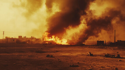 War Torn Streets, U.S. Troops in Fallujah Amidst Smoke and Destruction, Circa 2004