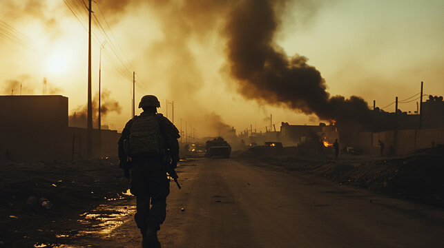 American Soldiers Walking Through a Burning Fallujah After Combat, circa 2005