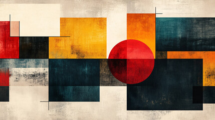 Modern abstract poster with overlapping squares, each showcasing different colors, textures, and minimalist symbols