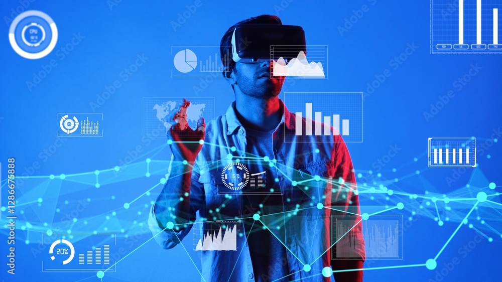 Aufkleber skilled business man wearing vr glasses and casual cloth while looking at financial chart. project m