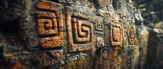 Fototapeta premium Carved stone wall adorned with ancient symbols hints at a rich cultural and artistic legacy.