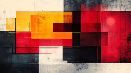Modern abstract poster with overlapping squares, each showcasing different colors, textures, and minimalist symbols