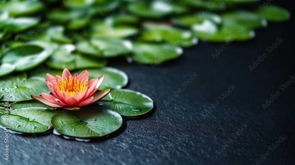 Poster red flower resting on green leaf with water lilies in a calm zen-inspired setting and ample negative