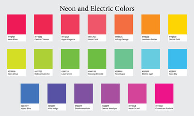 Color Palette 20 Colors of Neon and Electric - Colorful Bright Pink, Vibrant Cyan, Glowing Lime - with HEX Codes and Names, Colour Swatches and Combinations