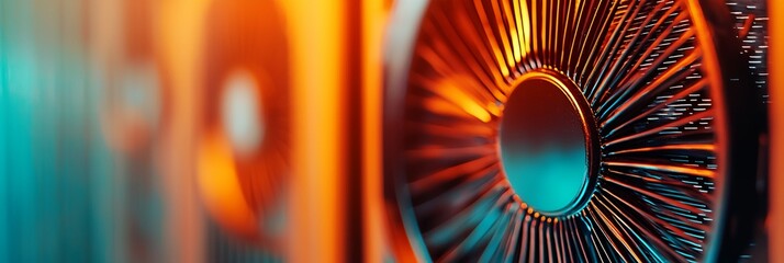 A close up of a fan with a blue background
