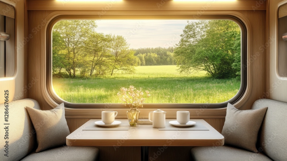 Poster cozy train interior with scenic view of green fields and trees through a large window