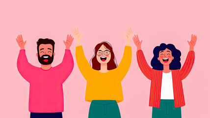 Obraz premium Three diverse individuals joyfully celebrate with raised hands against a pink background, showcasing unity and happiness.