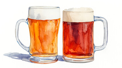 Two frosty mugs of beer, one light and one dark, showcasing the delightful variety of brews in a watercolor style.