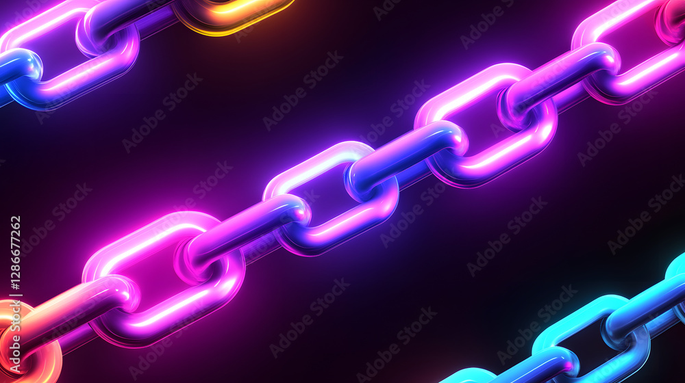 Poster glowing chains arranged in a pattern on a black background for conceptual representation of connecti