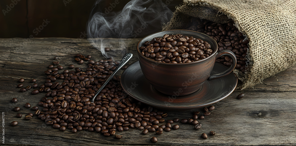 Poster aromatic coffee beans: steaming, freshly roasted coffee beans overflow from a rustic burlap sack and
