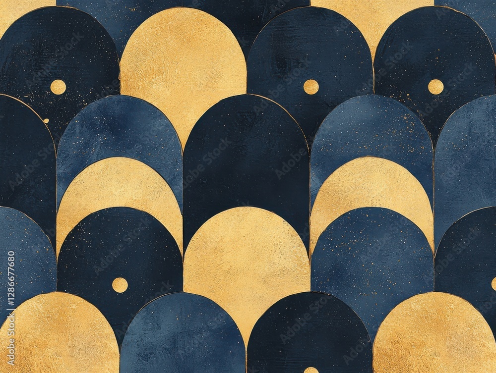Poster abstract geometric pattern with gold and navy blue arches and circles for modern design and backgrou
