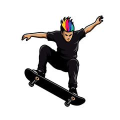 Young Skateboarder Performing Tricks With Colorful Hair, Cartoon Style Art