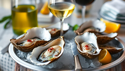 fresh oysters with lemon and a glass of white wine