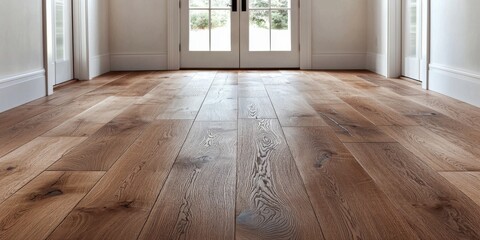 Fototapeta premium Beautifully crafted wooden floor in bright modern interior with open doors leading to a garden view