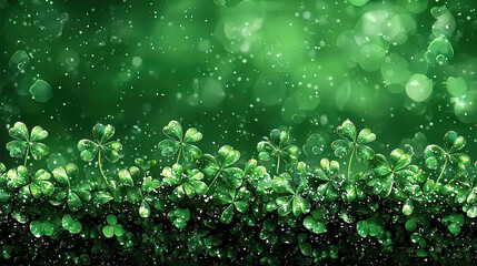 St.Patrick's Day celebrates with green parades shamrocks and leprechauns. Lush Green Background with Glimmering Shamrock Leaves and Bokeh